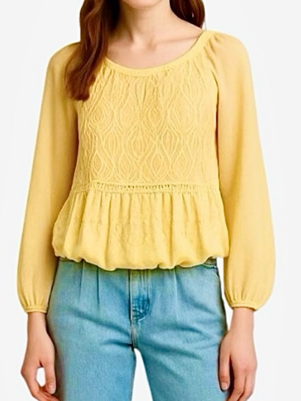 Elena Baldi Italy yellow silk blend long sleeve old moneybubble hem top blouse S